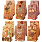 Naler Pack of 12 Thanksgiving Paper Bags,Turkey Pumpkin Party Treat Bag with Stickers for Autumn Fall Goodie Candy Gift Wrapping