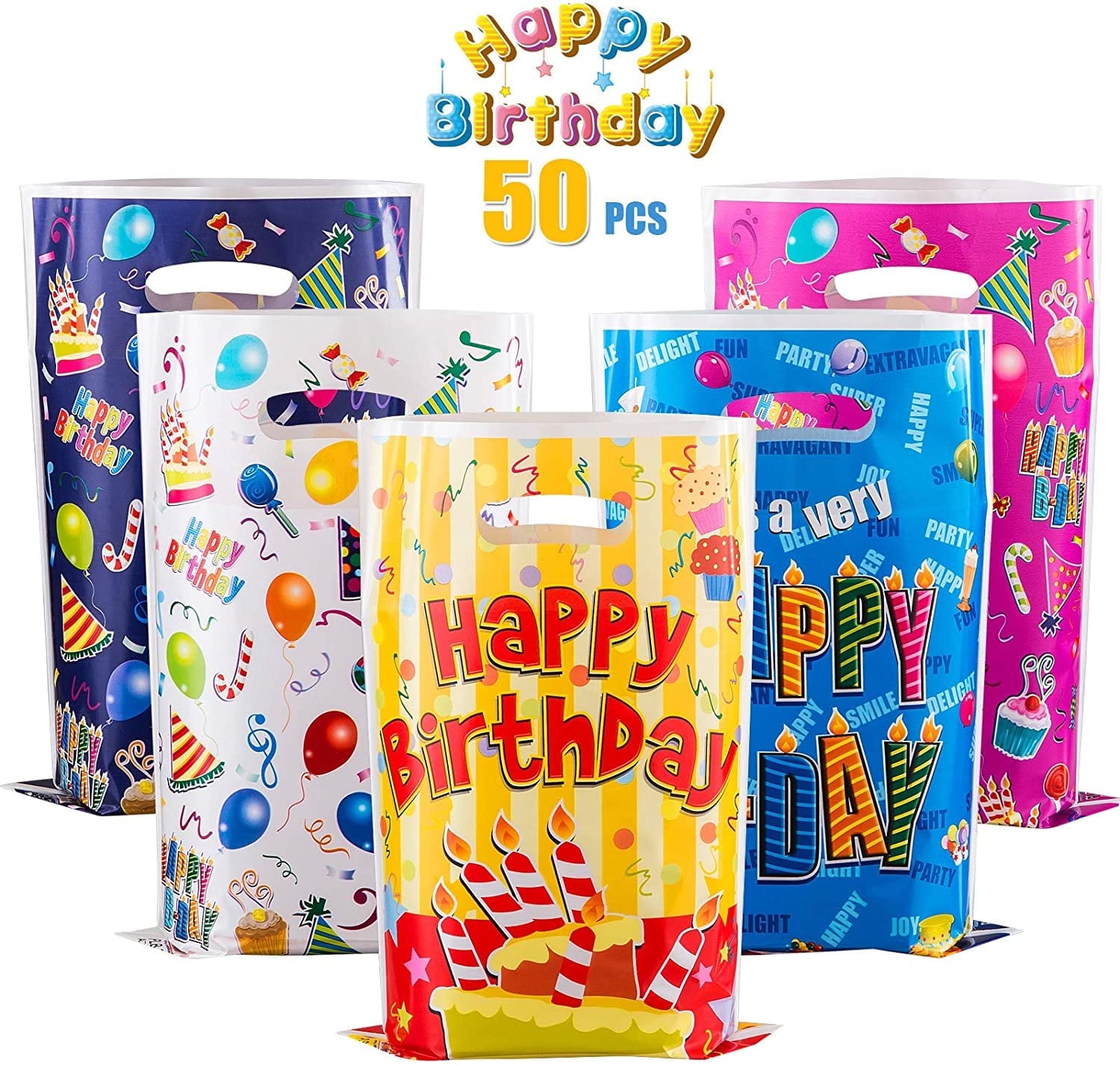 Naler Pack of 50 Happy Birthday Treat Bags,9.8"x6.5" Assorted Colors Plastic Party Favor Bag for Kids