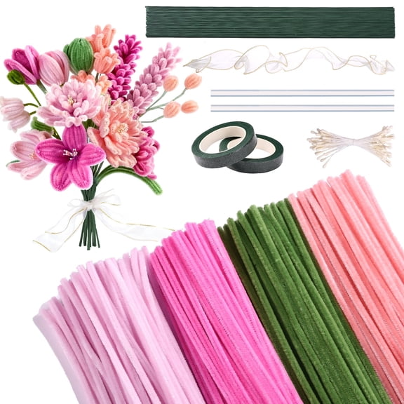 Naler Pipe Cleaners Set, 400Pcs 4 Colors Chenille Stems, Pipe Cleaners for Crafts, Pipe Cleaners for Crafts with Flower Wire, Ribbon, Flower Stamen for Bouquet, DIY Decorations