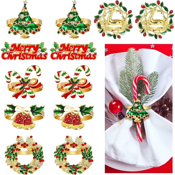 Naler Set of 12 Christmas Napkin Rings,6 Style Gold Xmas Napkin Holders for Christmas Holiday Parties Table Decorations