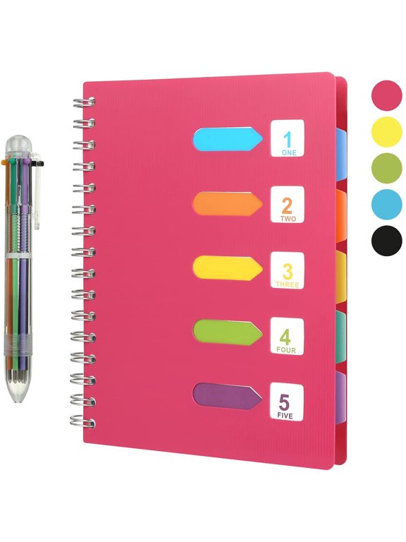 Spiral Notebook, 5 Subject College Ruled A5 Notebook with 5 Colored Tabs,6-in-1 Pen,Rose Pink,240 Pages