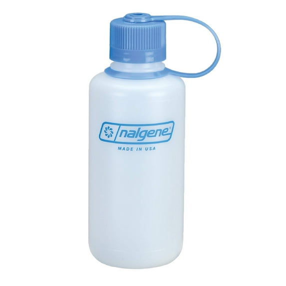 Nalgene 16 oz White and Blue Plastic Water Bottle with Narrow Mouth Lid