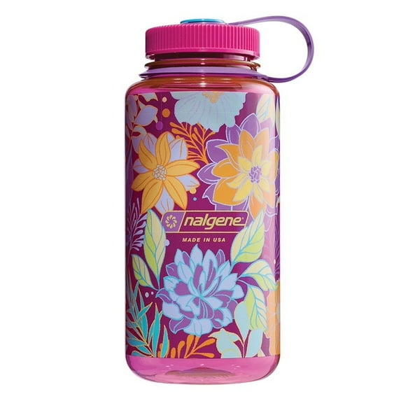 Nalgene BPA Free Wide Mouth 32 oz Magenta Botanical Florals Plastic Water Bottle