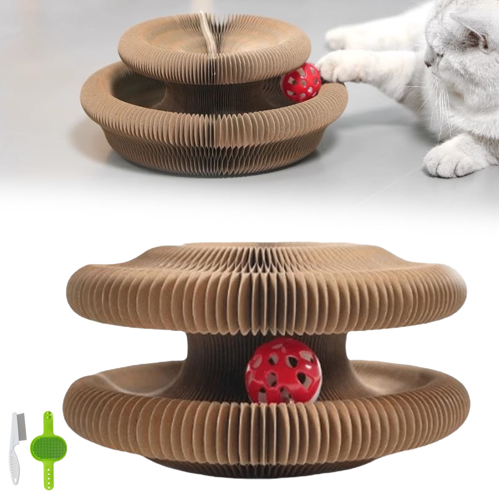 Nallwabiu Magic Organ Cat Toy – Foldable Scratching Board with Bell Ball for Cats (3pc, Red)