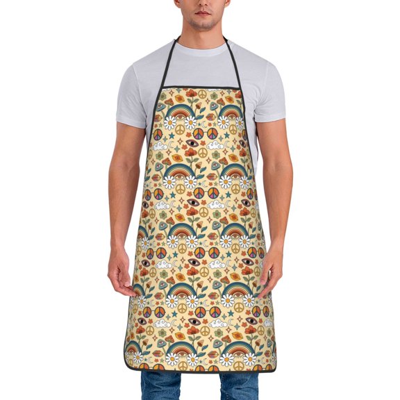 Naloa 1Pack Adjustable Bib Apron Waterdrop Resistant Cooking Kitchen Aprons for Women Men Chef, 70s Hippie Style Print