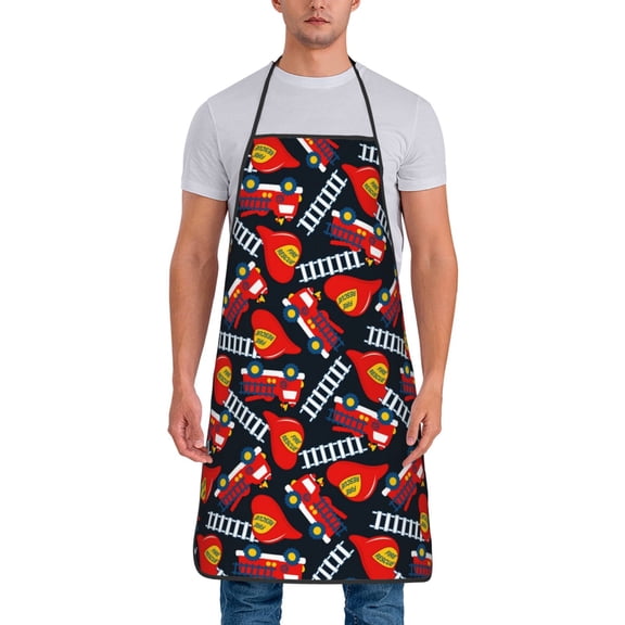 Naloa 1Pack Adjustable Bib Apron Waterdrop Resistant Cooking Kitchen Aprons for Women Men Chef, Fire Rescue With Red Helmet And Truck Print