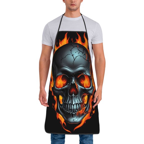Naloa 1Pack Adjustable Bib Apron Waterdrop Resistant Cooking Kitchen Aprons for Women Men Chef, Flame Metal Skull Print
