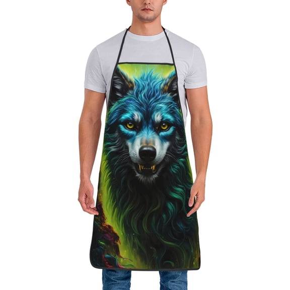 Naloa 1Pack Adjustable Bib Apron Waterdrop Resistant Cooking Kitchen Aprons for Women Men Chef, Fluorescent Wolf Print