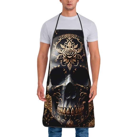 Naloa 1Pack Adjustable Bib Apron Waterdrop Resistant Cooking Kitchen Aprons for Women Men Chef, Gold Pattern Black Skull Print