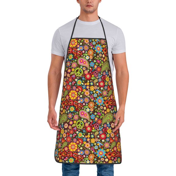 Naloa 1Pack Adjustable Bib Apron Waterdrop Resistant Cooking Kitchen Aprons for Women Men Chef, Hippie Peace Love Print