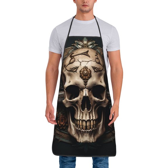 Naloa 1Pack Adjustable Bib Apron Waterdrop Resistant Cooking Kitchen Aprons for Women Men Chef, Metal Style Horned Skull Print
