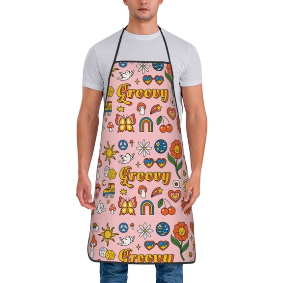 Naloa 1Pack Adjustable Bib Apron Waterdrop Resistant Cooking Kitchen Aprons for Women Men Chef, Retro 70s Hippie Print