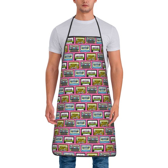 Naloa 1Pack Adjustable Bib Apron Waterdrop Resistant Cooking Kitchen Aprons for Women Men Chef, Retro Cassette Print