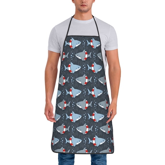 Naloa 1Pack Adjustable Bib Apron Waterdrop Resistant Cooking Kitchen Aprons for Women Men Chef, Shark Wearing Swim Ring Print