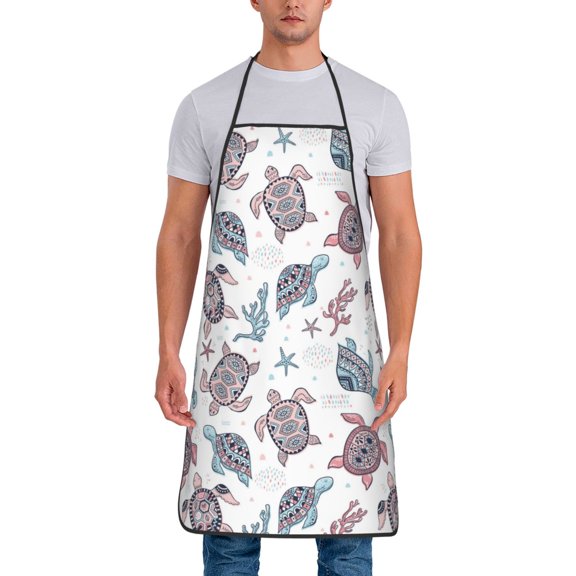 Naloa 1Pack Adjustable Bib Apron Waterdrop Resistant Cooking Kitchen Aprons for Women Men Chef, Tribal Style Turtle Print