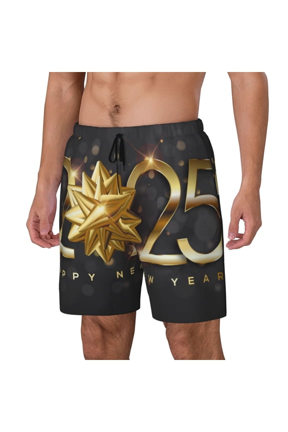 2025 Happy New Year 1 Print Men Swim Trunks with Compression Liner ,Board Shorts,Men's Swim Shorts with Drawstring and Elastic Waistband-3X-Large