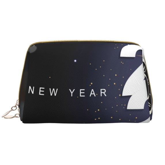 Naloa 2025 Happy New Year 2 Leather Makeup Bag for Purse Travel, Portable Small Cosmetic Organizer for Women and Girls, Make up Bag with Zipper