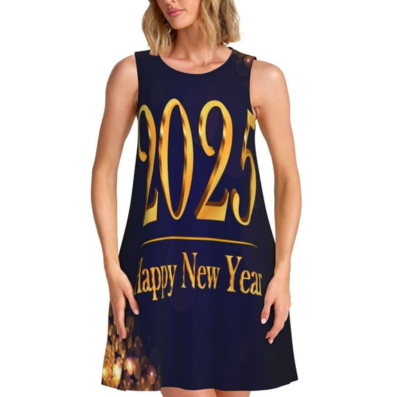 Naloa 2025 Happy New Year 3 Print Women's Summer Spring Casual Beach Sundress,Vacation Sleeveless Tank Crewneck Loose Dresses