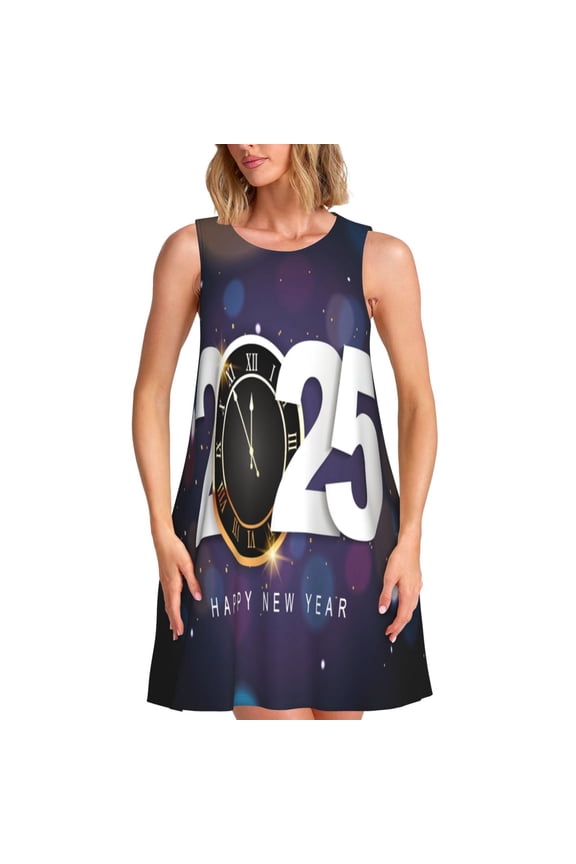 2025 Happy New Year 4 Print Women's Summer Spring Casual Beach Sundress,Vacation Sleeveless Tank Crewneck Loose Dresses