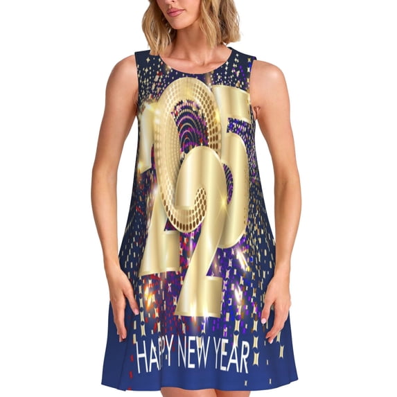 Naloa 2025 New Year 1 Print Women's Summer Spring Casual Beach Sundress,Vacation Sleeveless Tank Crewneck Loose Dresses