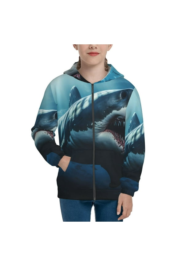 3D Realistic Shark Teenage Zipper Hoodie, Long Sleeve Zip Up Hoodies Casual Jackets Tops for 7-12 Years-