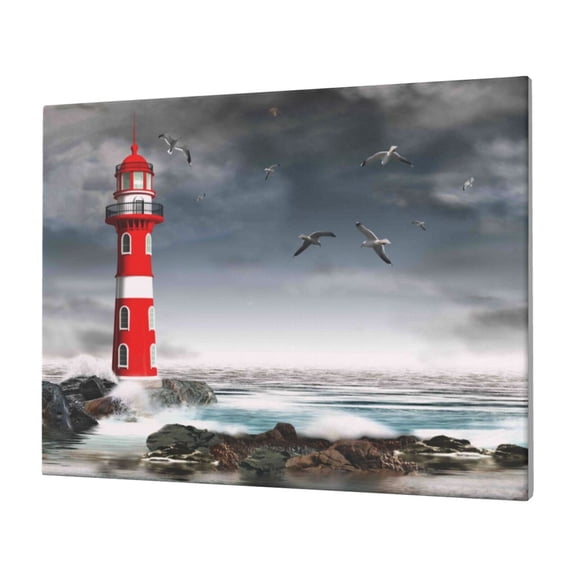 Naloa 3d Lighthouse in the Surf Print Canvas Picture,Wall Pictures, Modern Decorative Poster,Art Prints for Bedroom, Toilet, 40 x 30 cm, Built-in Wooden Frame