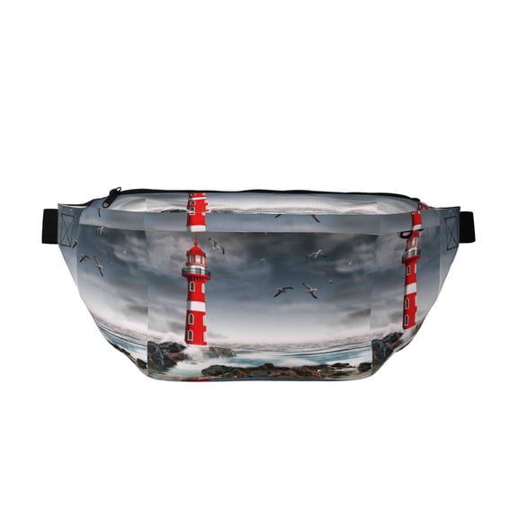 Naloa 3d Lighthouse in the Surf Print Running Belts for Men Women,Running Fanny Pack with 2-Zipper Pockets,Waterproof Waist Pack for Travel Hiking Running Outdoor Sports