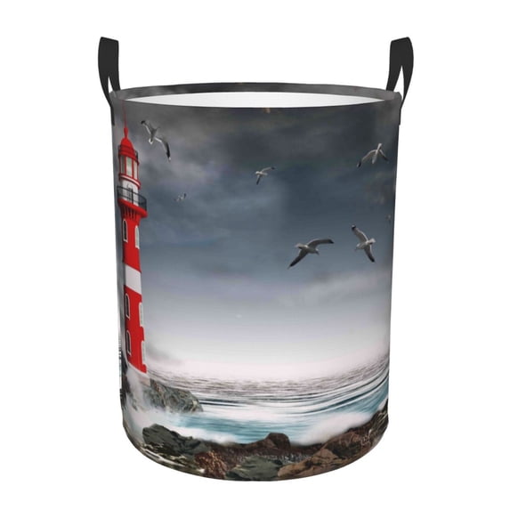 Naloa 3d Lighthouse in the Surf Large Laundry Basket Waterproof Round Collapsible Storage bin with Handles for Hamper Kids Room,Toy StorageSmall