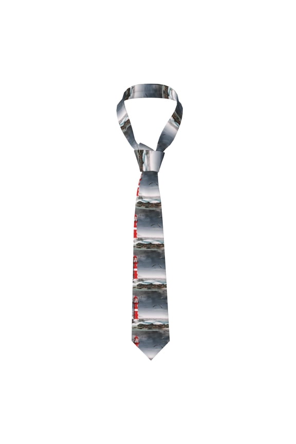 3d Lighthouse in the Surf Print Solid Color Tie Formal Necktie for MenSuitable for business, daily life, work