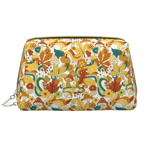 Naloa 70s Groovy Hippie Leather Makeup Bag for Purse Travel, Portable Small Cosmetic Organizer for Women and Girls, Make up Bag with Zipper