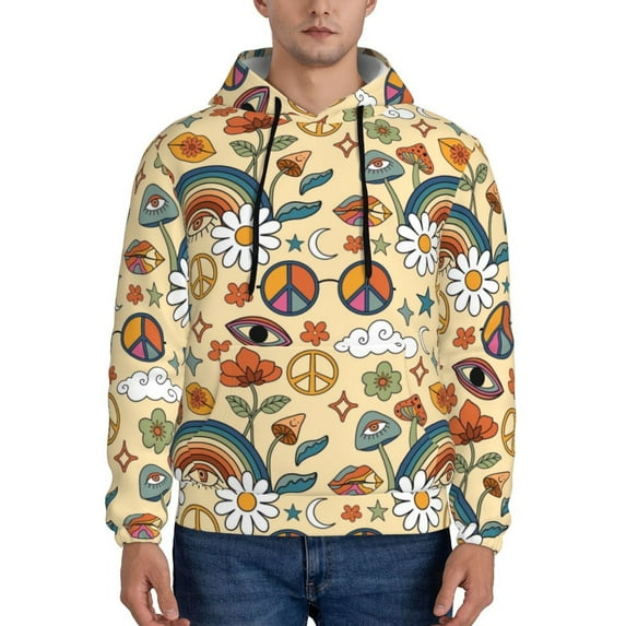Naloa 70s Hippie Style Men's Casual Hooded Collar Drawstring Hoodies Pullover Sweatshirts Casual Long Sleeve Shirts-Small