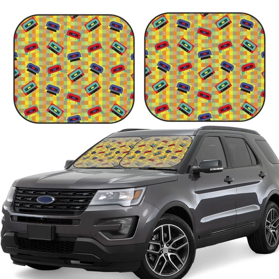 Naloa 90s Audio Tape Print 2-Piece Windshield Sunshade,Foldable Car Front Window Sun Shades,for Most Sedans SUV Truck-Large
