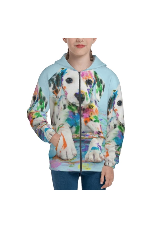 A Funny Little Dalmatian Puppy Teenage Zipper Hoodie, Long Sleeve Zip Up Hoodies Casual Jackets Tops for 7-12 Years-Small