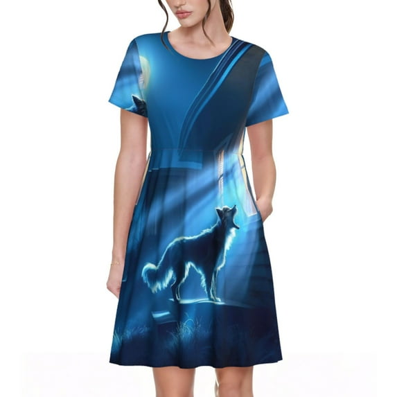 Naloa A Wolf Barks Out A Window Print Womens Summer A-Line Dress with Pockets,Short Sleeve Dresses,Flowy Beach Swing Dress for Vacation Travel
