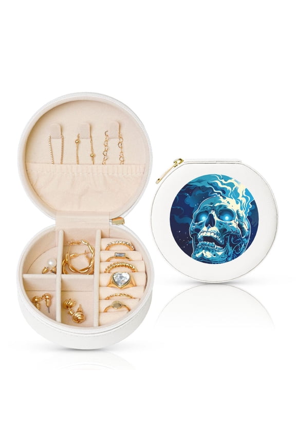 Abstract Blue Skull Round Jewelry Box, Travel Jewelry Organizer, 3.9 x 3.9 x 2in Jewelry Storage Box for Women-White