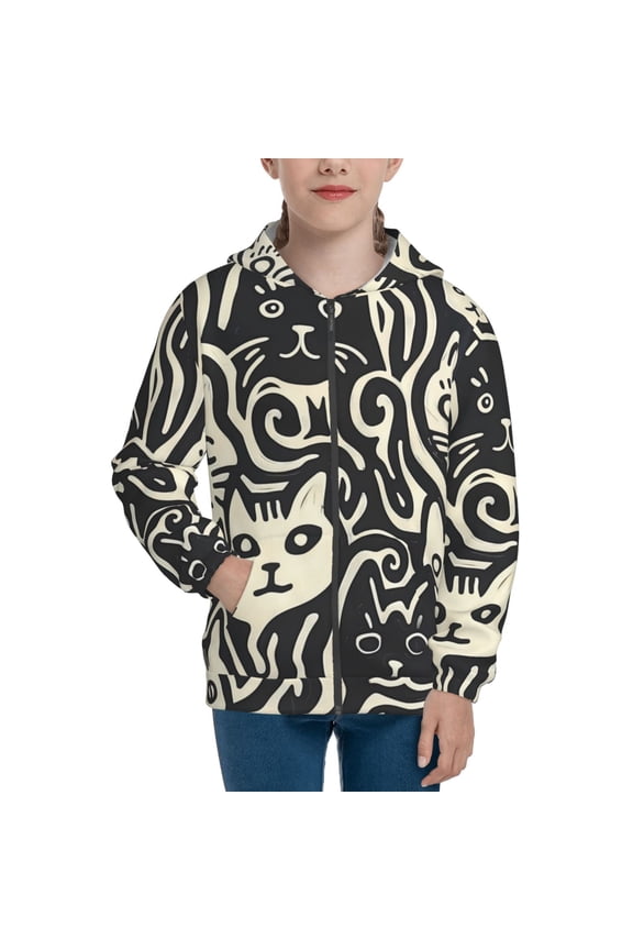 Abstract Cat Faces Pattern Teenage Zipper Hoodie, Long Sleeve Zip Up Hoodies Casual Jackets Tops for 7-12 Years-Medium