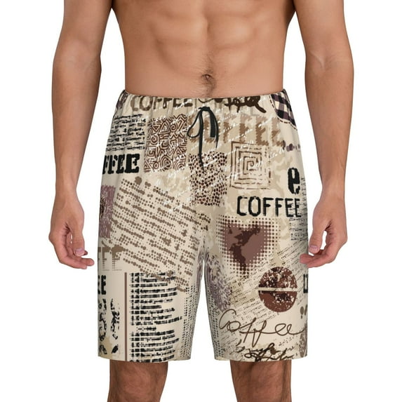 Naloa Abstract Coffee Pattern With Letters Men's Short Pajama Pants, Lounge Comfort Shorts with Elasticized Waistband and Side Pockets - Large