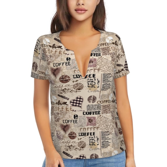 Naloa Abstract Coffee Print T-Shirts Short Sleeve V Neck Tees for Women Fashion Tops Trendy Lightweight Soft Casual Summer Outfits Clothes