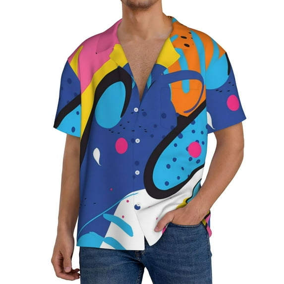 Naloa Abstract Color Splash Men's Loose Fit Cuban Collar Short-Sleeve Shirt, Hawaiian Shirts, Mens Shirts Casual for Everyday Wear Outings-Medium