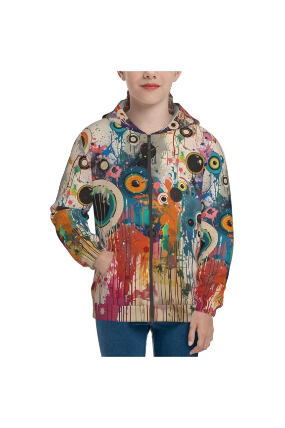 Abstract Colorful Dripping Circles Teenage Zipper Hoodie, Long Sleeve Zip Up Hoodies Casual Jackets Tops for 7-12 Years-Medium