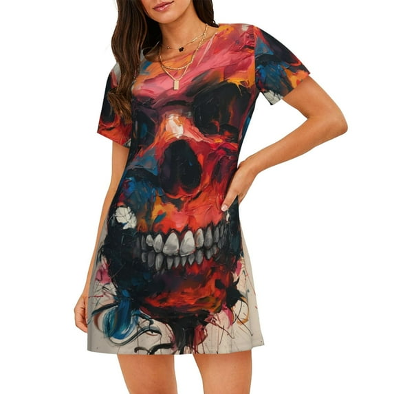 Naloa Abstract Colorful Skull Art Print Women Nightgowns,Womens Loungewear,Short Sleeve Sleepwear,Comfy Ladies Nightdress