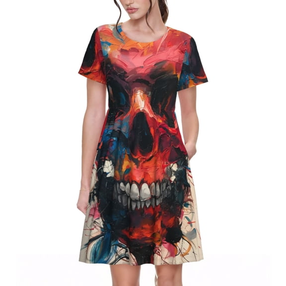 Naloa Abstract Colorful Skull Art Print Womens Summer A-Line Dress with Pockets,Short Sleeve Dresses,Flowy Beach Swing Dress for Vacation Travel