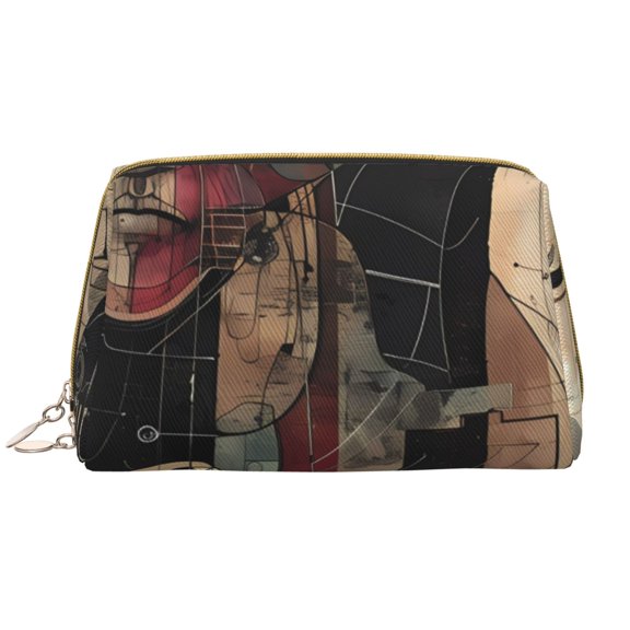 Naloa Abstract Geometric Faces Leather Makeup Bag for Purse Travel, Portable Small Cosmetic Organizer for Women and Girls, Make up Bag with Zipper