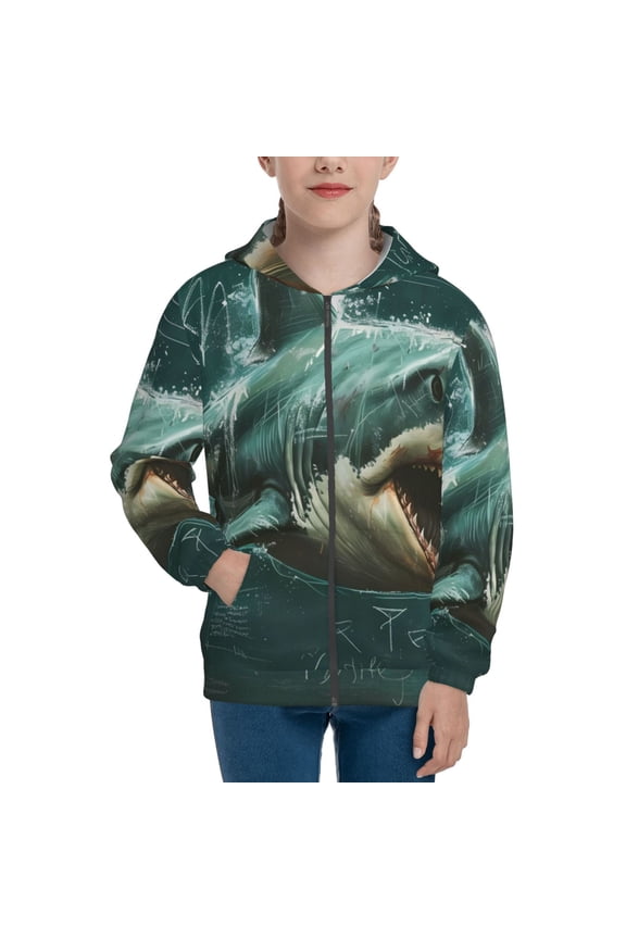 Abstract Geometric Shark Teenage Zipper Hoodie, Long Sleeve Zip Up Hoodies Casual Jackets Tops for 7-12 Years-