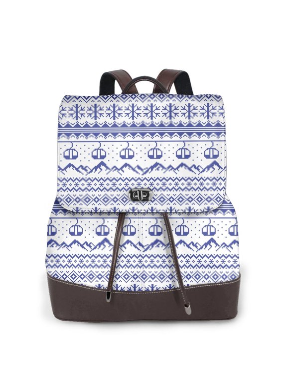 Abstract Gondola Snowflake Print Women's Leather Backpack,Travel Laptop Backpack,Fashion Ladies Leather Backpack Bag for Travel,Leather Drawstring Daypack for Me