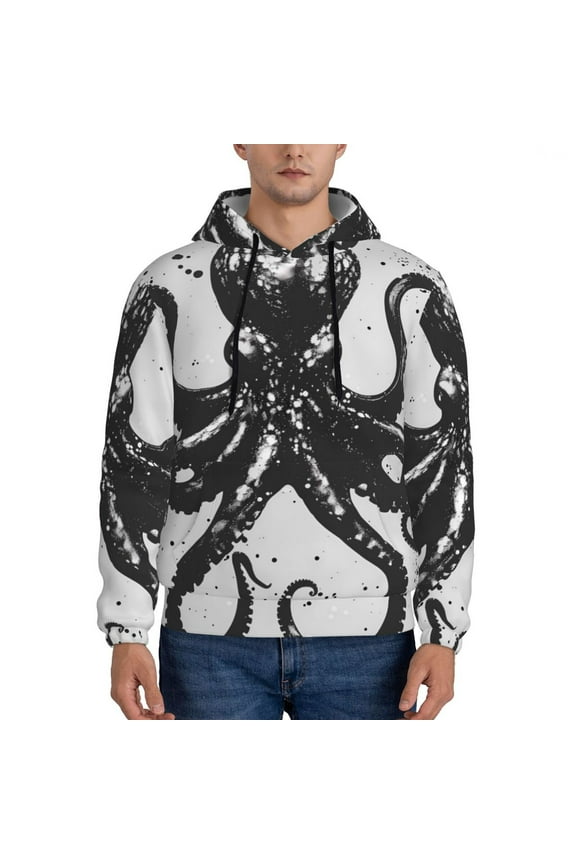 Abstract Ink Octopus Men's Casual Hooded Collar Drawstring Hoodies Pullover Sweatshirts Casual Long Sleeve Shirts-XX-Large