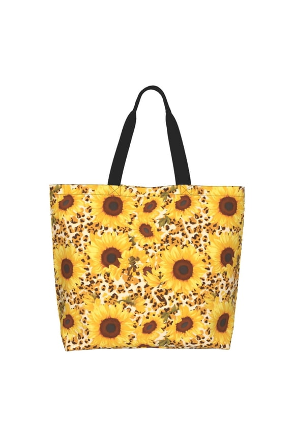 Abstract Leopard Print Sunflower Tote Bag for Women Large Capacity Shoulder Bag for College Work Travel Shopping
