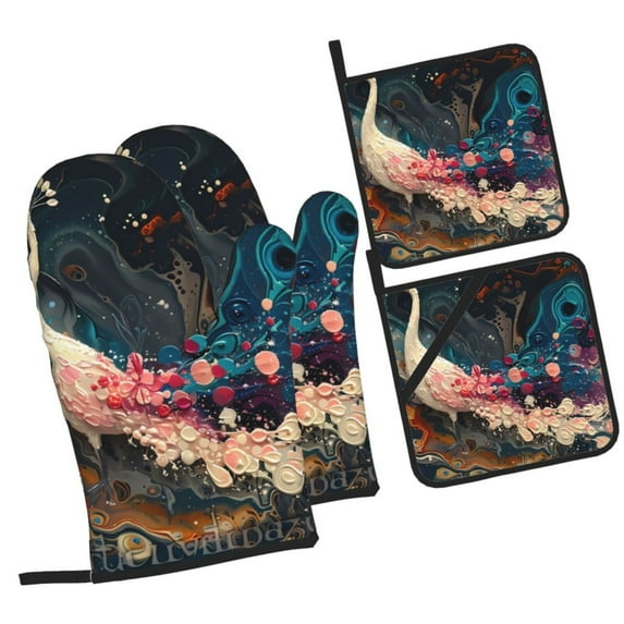Naloa Abstract Peacock Painting Oven Mitts and Pot Holders 4 pcs Set, Cooking Baking Grilling Kitchen Oven Glove for Cooking
