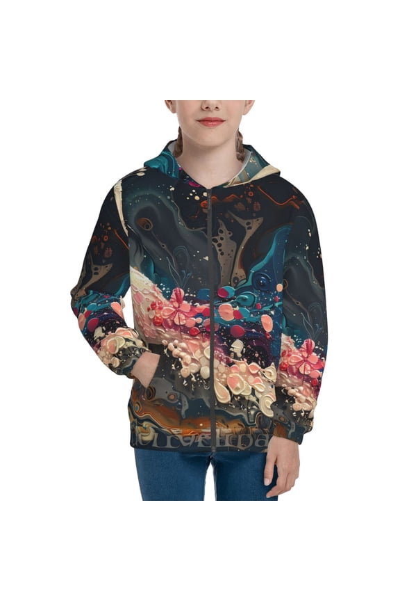 Abstract Peacock Painting Teenage Zipper Hoodie, Long Sleeve Zip Up Hoodies Casual Jackets Tops for 7-12 Years-Medium