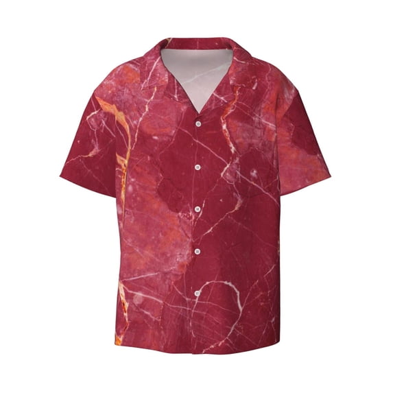 Naloa Abstract Red Marble Men's Loose Fit Cuban Collar Short-Sleeve Shirt with Button-down and Chest Pocket for Everyday Wear Outings - Small